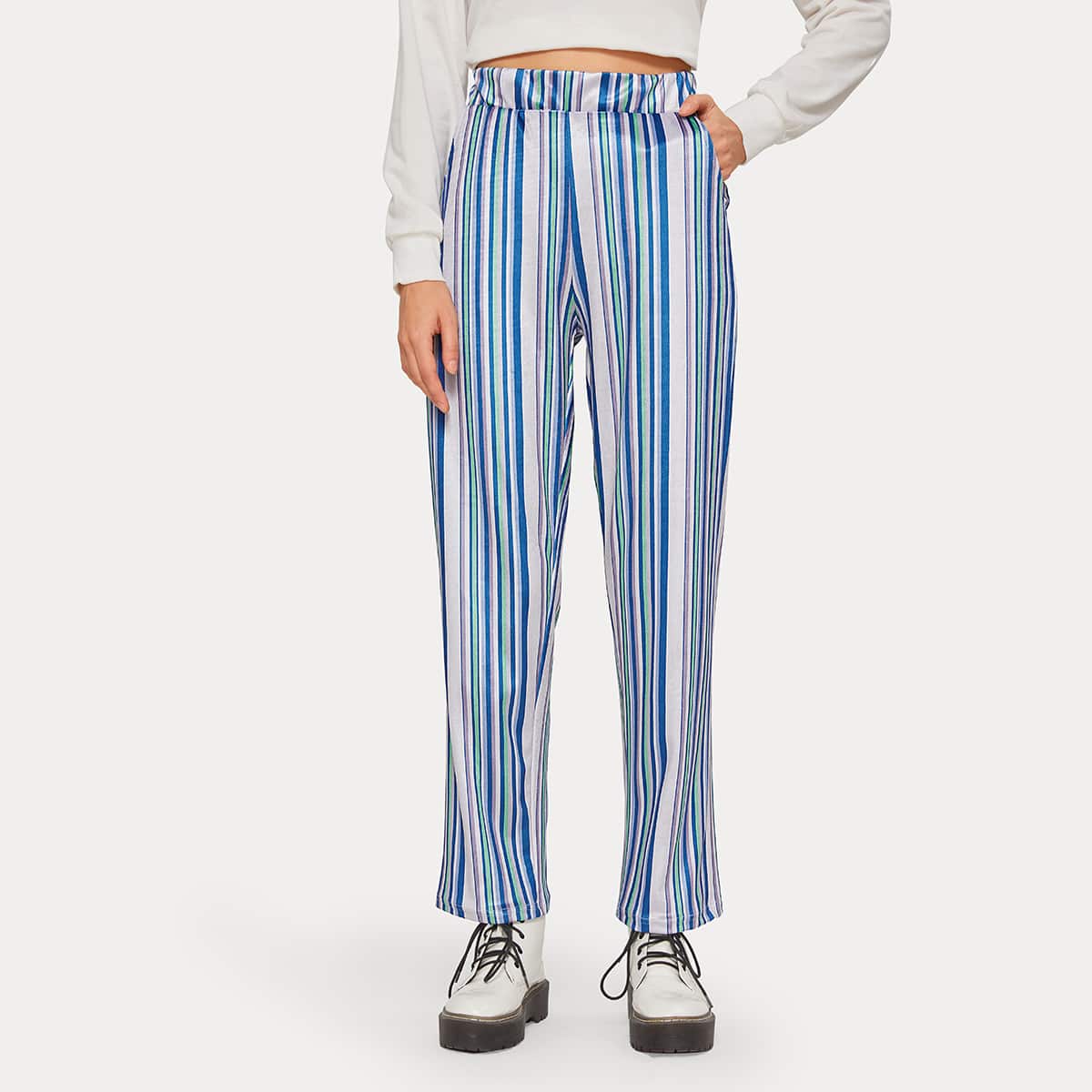 

Multi-Striped Velvet Straight Pants, Blue
