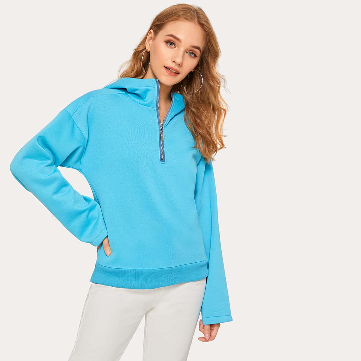 

Half Zip Drop Shoulder Hoodie, Blue bright