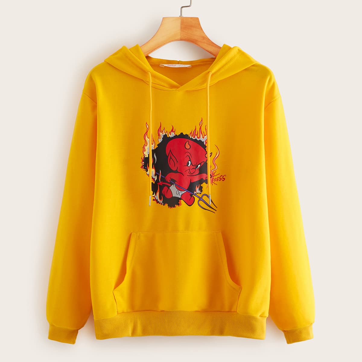 

Cartoon Graphic Kangaroo Pocket Hoodie, Yellow bright
