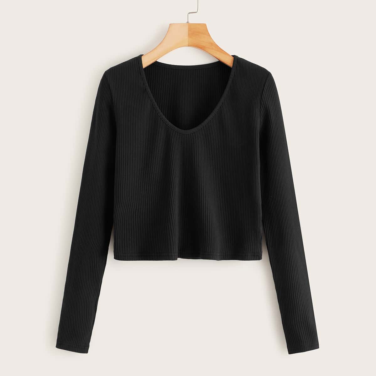 

V-neck Rib-Knit Tee, Black