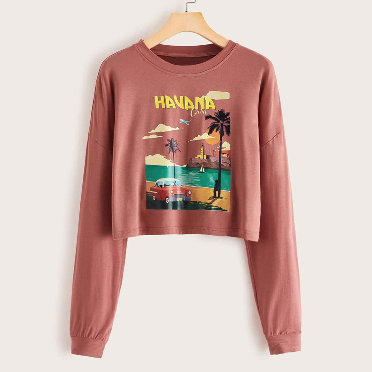 

Tropical & Letter Graphic Drop Shoulder Tee, Red