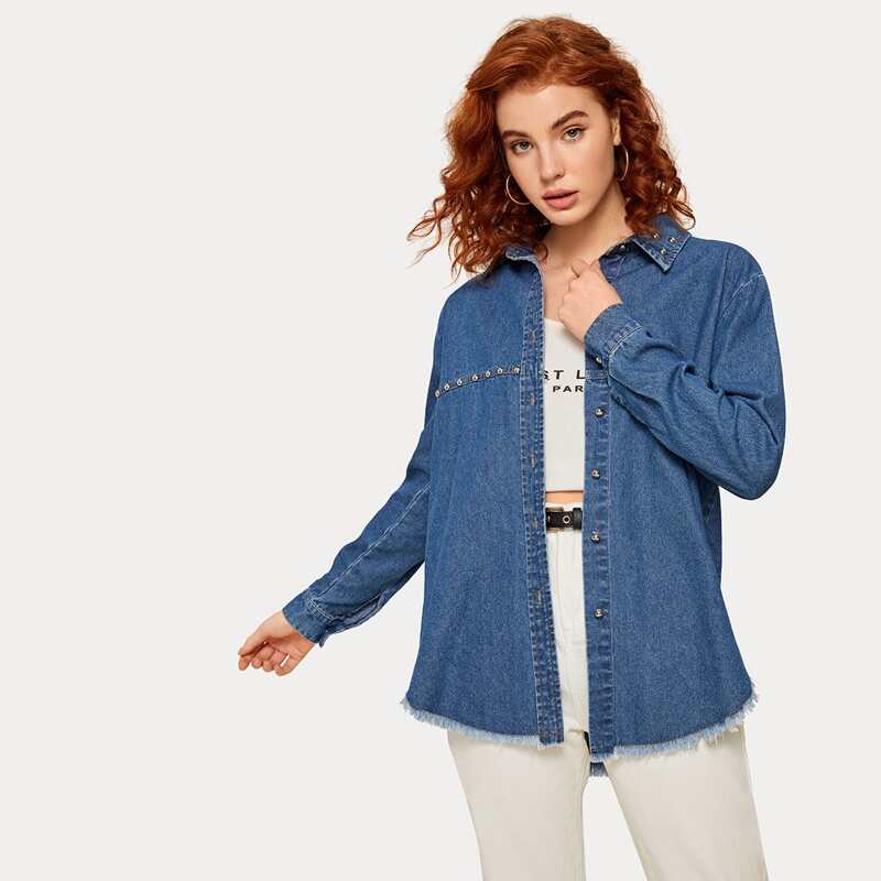 

Button Through Raw Hem Denim Blouse, Blue