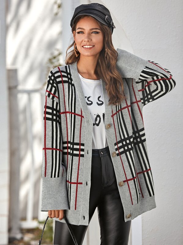 

Plaid Drop Shoulder Button Front Cardigan, Multicolor, Debi Cruz