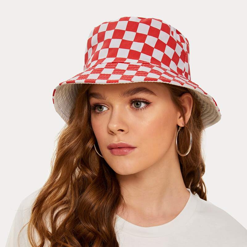 

Plaid Pattern Bucket Hat, Red