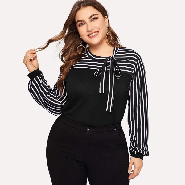 

Plus Tie Neck Striped Blouse, Black and white