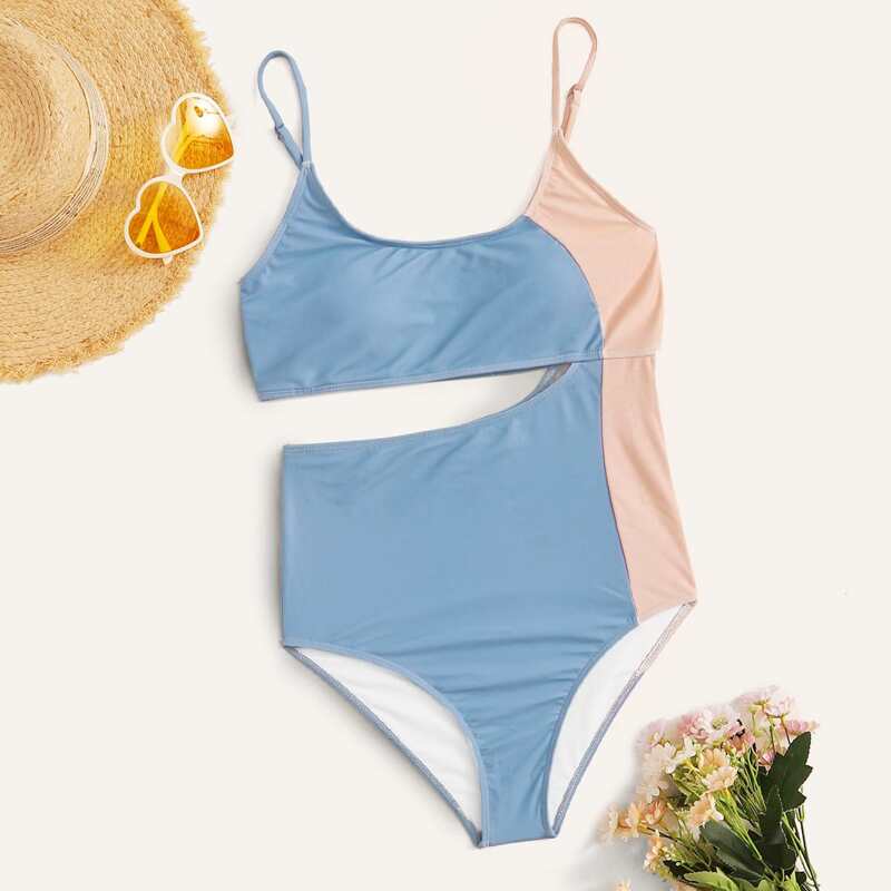 

Color Block Cut Out Cami Swimsuit, Multicolor