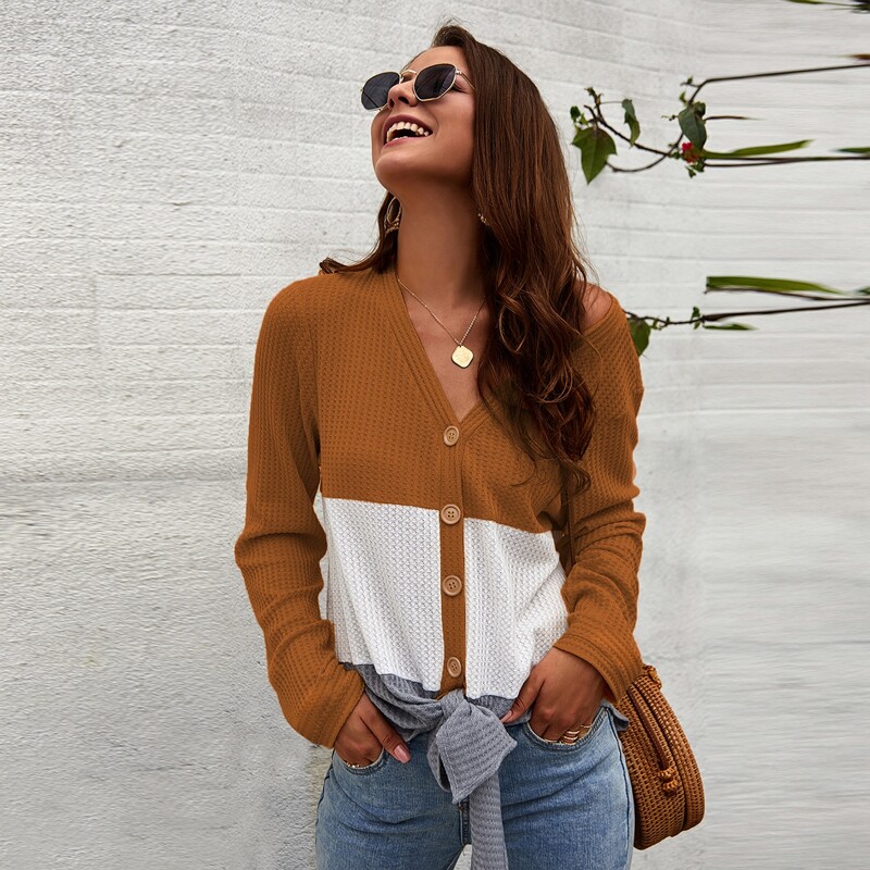 

Color-Block Tie Front Button Through Cardigan, Multicolor