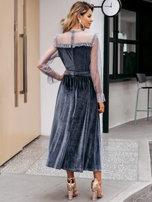 Simplee Dobby Mesh Yoke Belted Detail Velvet Dress - Grey - View 2
