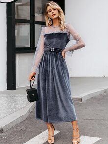Simplee Dobby Mesh Yoke Belted Detail Velvet Dress - Grey - View 3