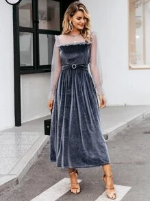 Simplee Dobby Mesh Yoke Belted Detail Velvet Dress - Grey - View 4