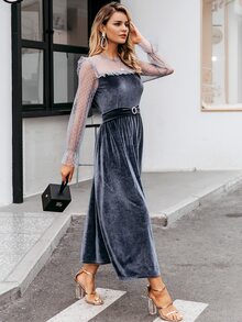 Simplee Dobby Mesh Yoke Belted Detail Velvet Dress - Grey - View 5