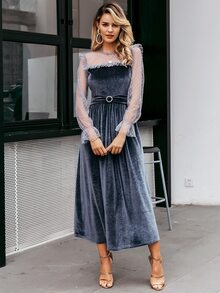 Simplee Dobby Mesh Yoke Belted Detail Velvet Dress - Grey - View 6