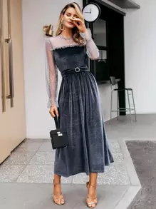 Simplee Dobby Mesh Yoke Belted Detail Velvet Dress - Grey - View 1