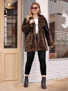 Plus Button Front Leopard Teddy Coat - Multicolor - View 4