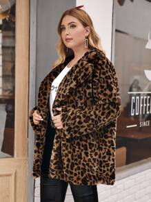 Plus Button Front Leopard Teddy Coat - Multicolor - View 1