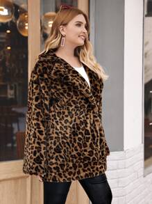 Plus Button Front Leopard Teddy Coat - Multicolor - View 5