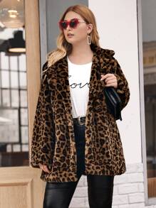 Plus Button Front Leopard Teddy Coat - Multicolor - View 3
