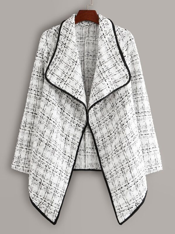 

Plus Waterfall Collar Contrast Binding Plaid Tweed Coat, Black and white