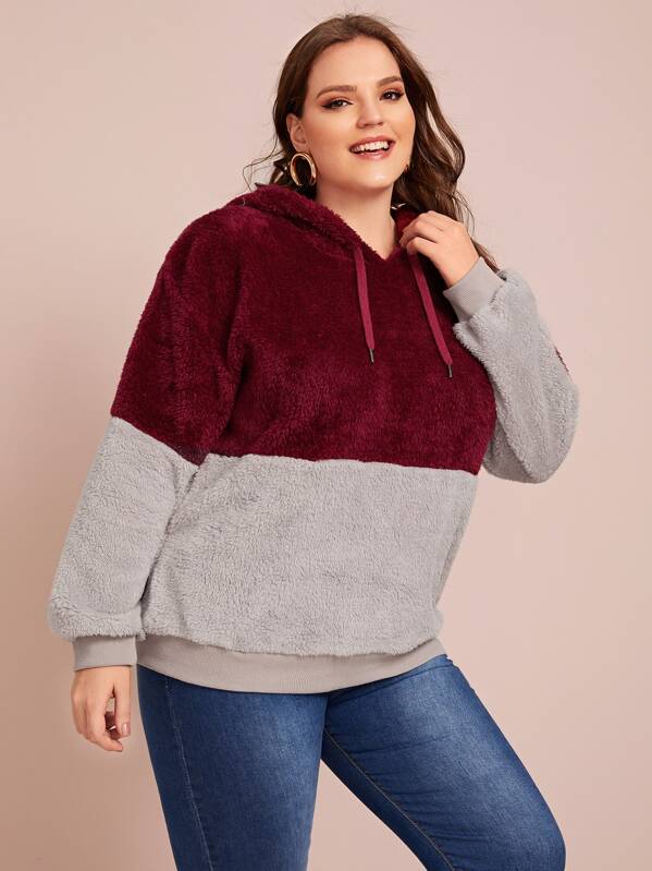 

Plus Two Tone Drawstring Teddy Hoodie, Multicolor, Ella