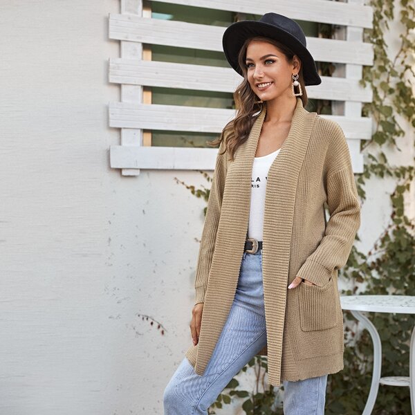

Solid Open Front Double Pocket Cardigan, Khaki