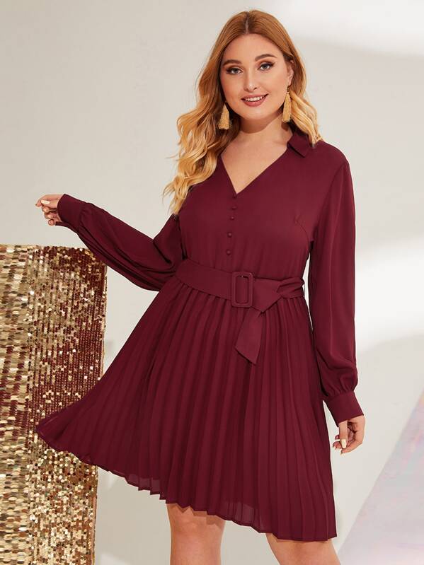 

Plus Pleated Hem Shirt Dress With Buckle Belt, Burgundy, Nora