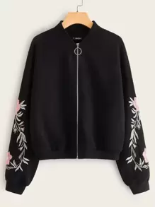 SHEIN LUNE Chaqueta bomber con cremallera y detalle de flor bordado