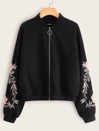 SHEIN LUNE Bomberjacke mit gestickten Blumendetails und O-Ring-Reißverschluss