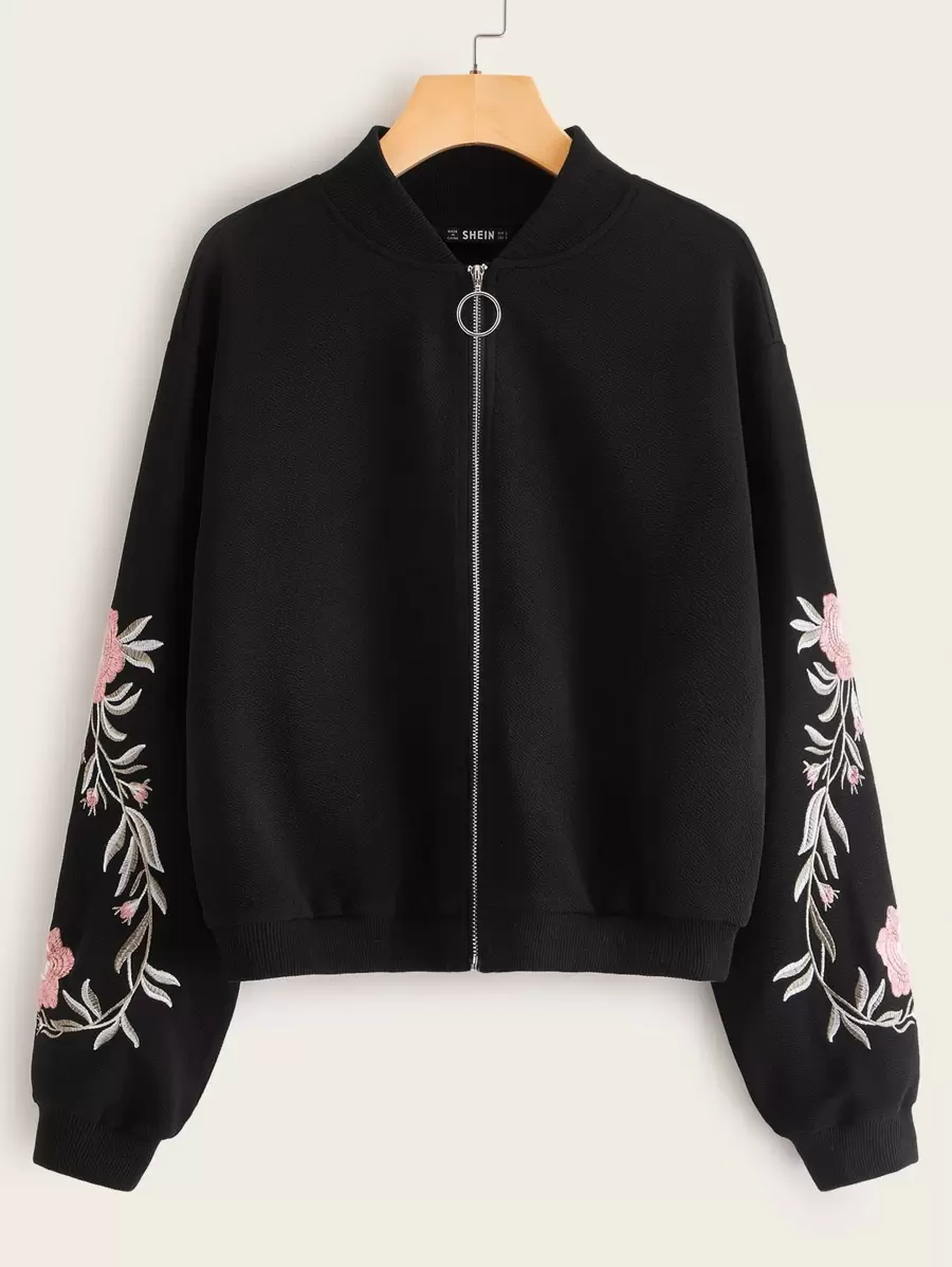SHEIN LUNE Chaqueta bomber con cremallera y detalle de flor bordado