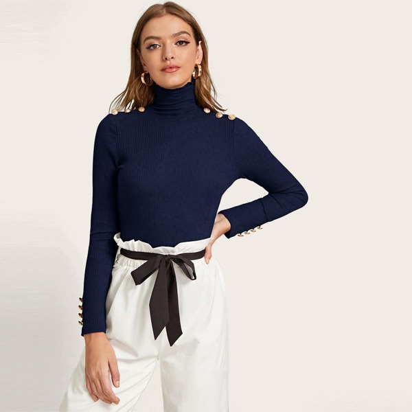

Lettuce Trim High Neck Button Detail Rib-knit Tee, Navy