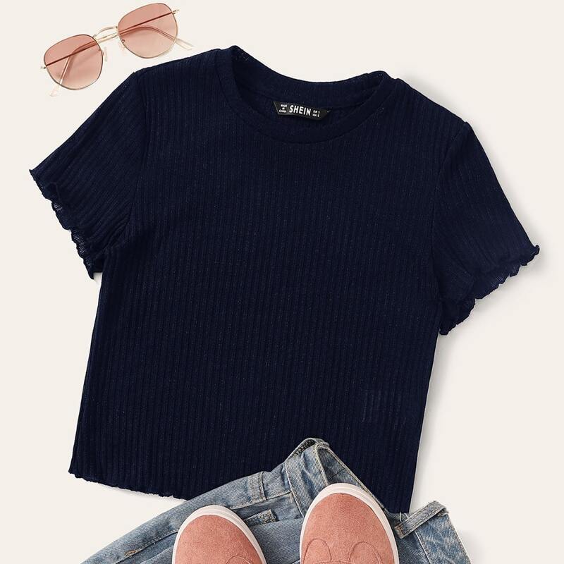 

Lettuce Edge Ribbed Crop Top, Navy blue