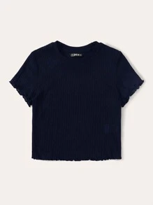 SHEIN Qutie 生菜邊羅紋針織短版t恤 - 藏蓝色 - 查看 3