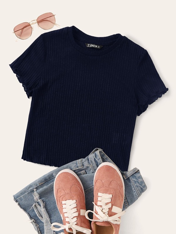

Lettuce Trim Rib-knit Crop Tee, Navy