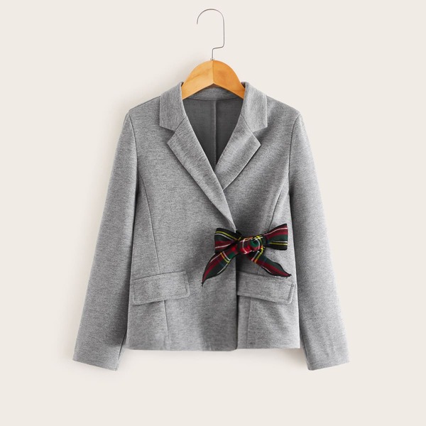

Girls Tartan Tie Front Notched Collar Blazer, Grey