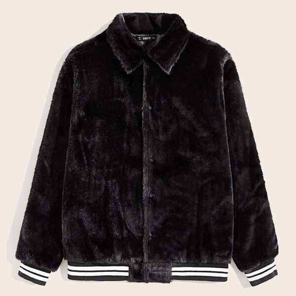 

Men Button Front Striped Hem Faux Fur Coat, Black
