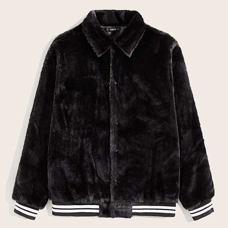 

Guys Button Front Striped Hem Faux Fur Coat, Black