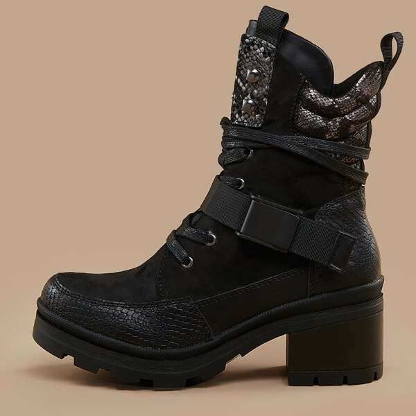 

Lace Up Buckled Side Snakeskin Accent Combat Boots, Black