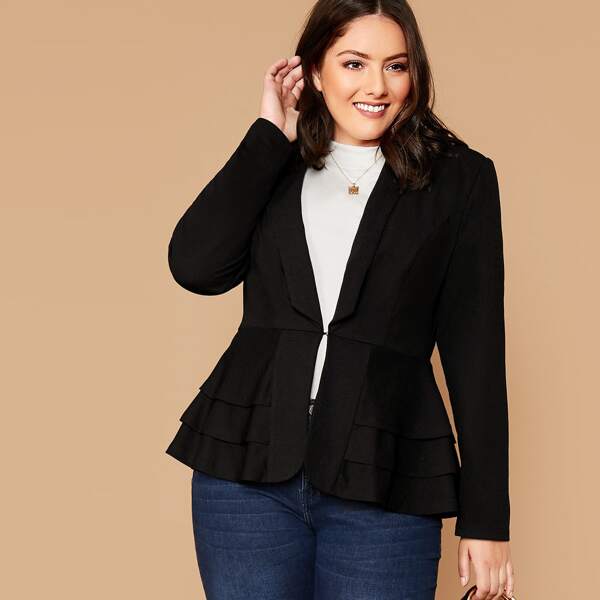 

Plus Shawl Collar Hook and Eye Peplum Blazer, Black