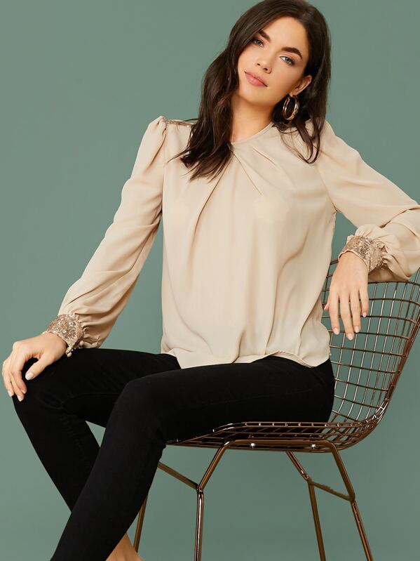 

Pleated Front Sequin Detail Lantern Sleeve Top, Beige, Aarika Wolf