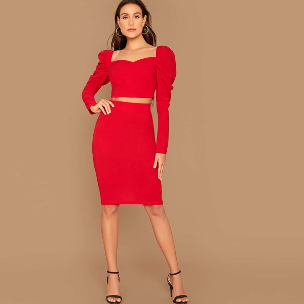 

Sweetheart Gigot Sleeve Crop Top & Slit Hem Pencil Skirt Set, Red bright