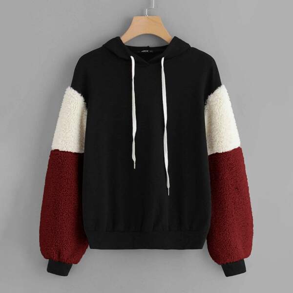 

Colorblock Teddy Sleeve Hoodie, Multicolor
