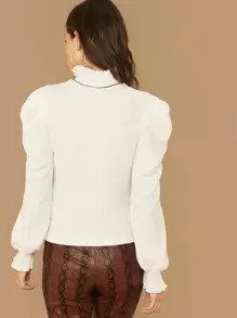 SHEIN Privé Frilled Neckline Puff Sleeve Top - White - View 2