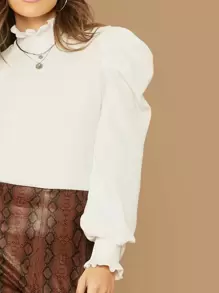 SHEIN Privé Frilled Neckline Puff Sleeve Top - White - View 4