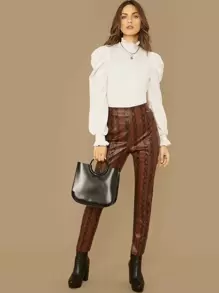 SHEIN Privé Frilled Neckline Puff Sleeve Top - White - View 5