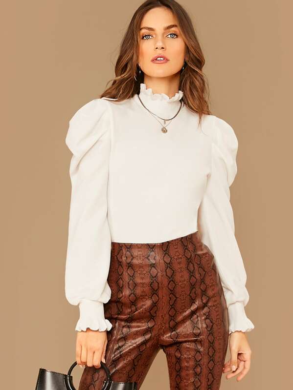 

Frilled Neckline Bishop Sleeve Top, White, Zorana