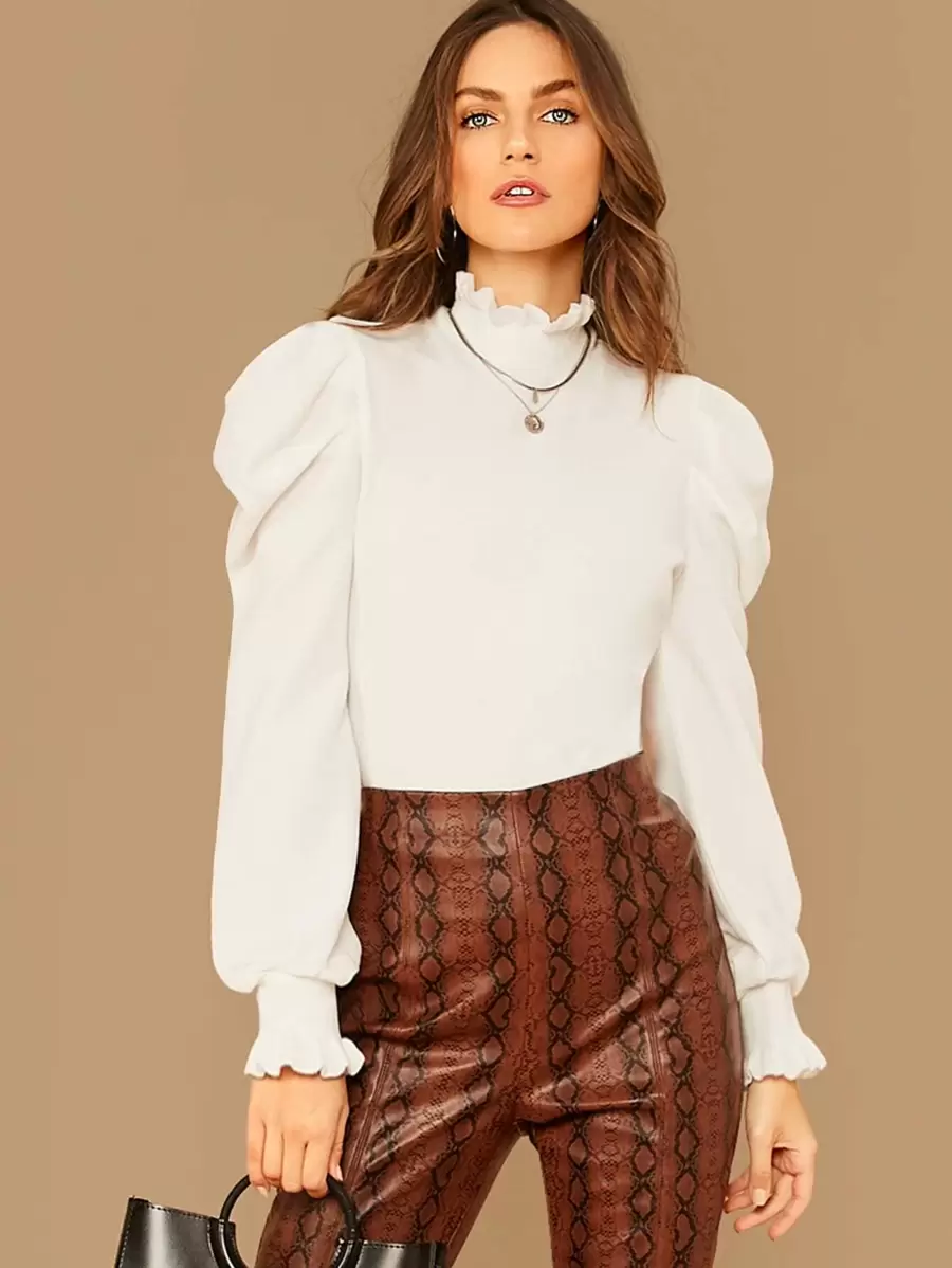SHEIN Privé Frilled Neckline Puff Sleeve Top - White - View 1