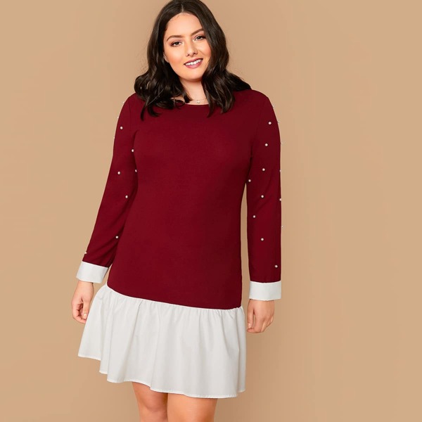 

Plus Pearl Beaded Contrast Ruffle Hem Dress, Burgundy