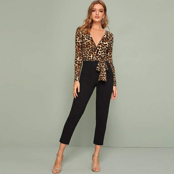 

Surplice Wrap Belted Leopard Print Combo Jumpsuit, Multicolor