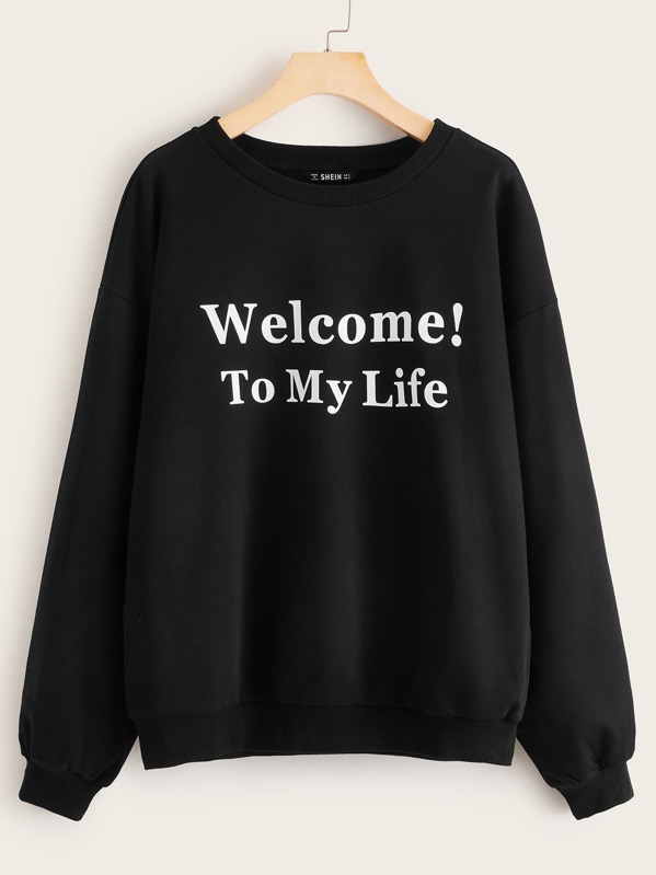 

Slogan Graphic Lantern Sleeve Pullover Without Bag, Black, Gigi