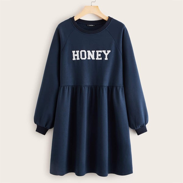 

Raglan Sleeve Letter Embroidered Sweatshirt Dress, Navy