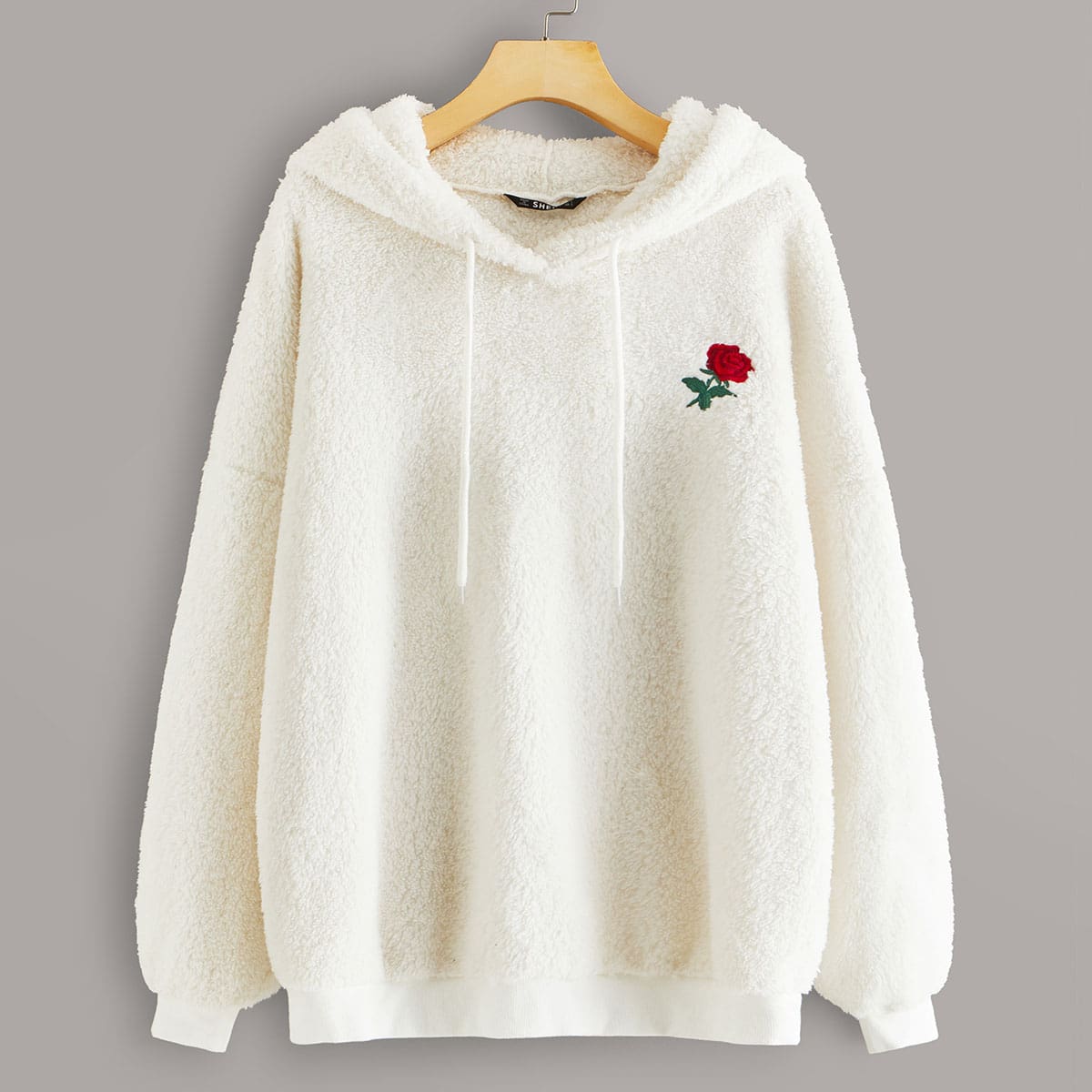 

Drop Shoulder Floral Embroidered Teddy Hoodie, Beige